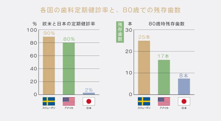 各国の歯科定期健診率と、80歳での残存歯数 欧米と日本の定期健診率 スウェーデン:90%、アメリカ:80%、日本:2% 80歳時残存歯数 スウェーデン:25本、アメリカ:17本、日本:8本